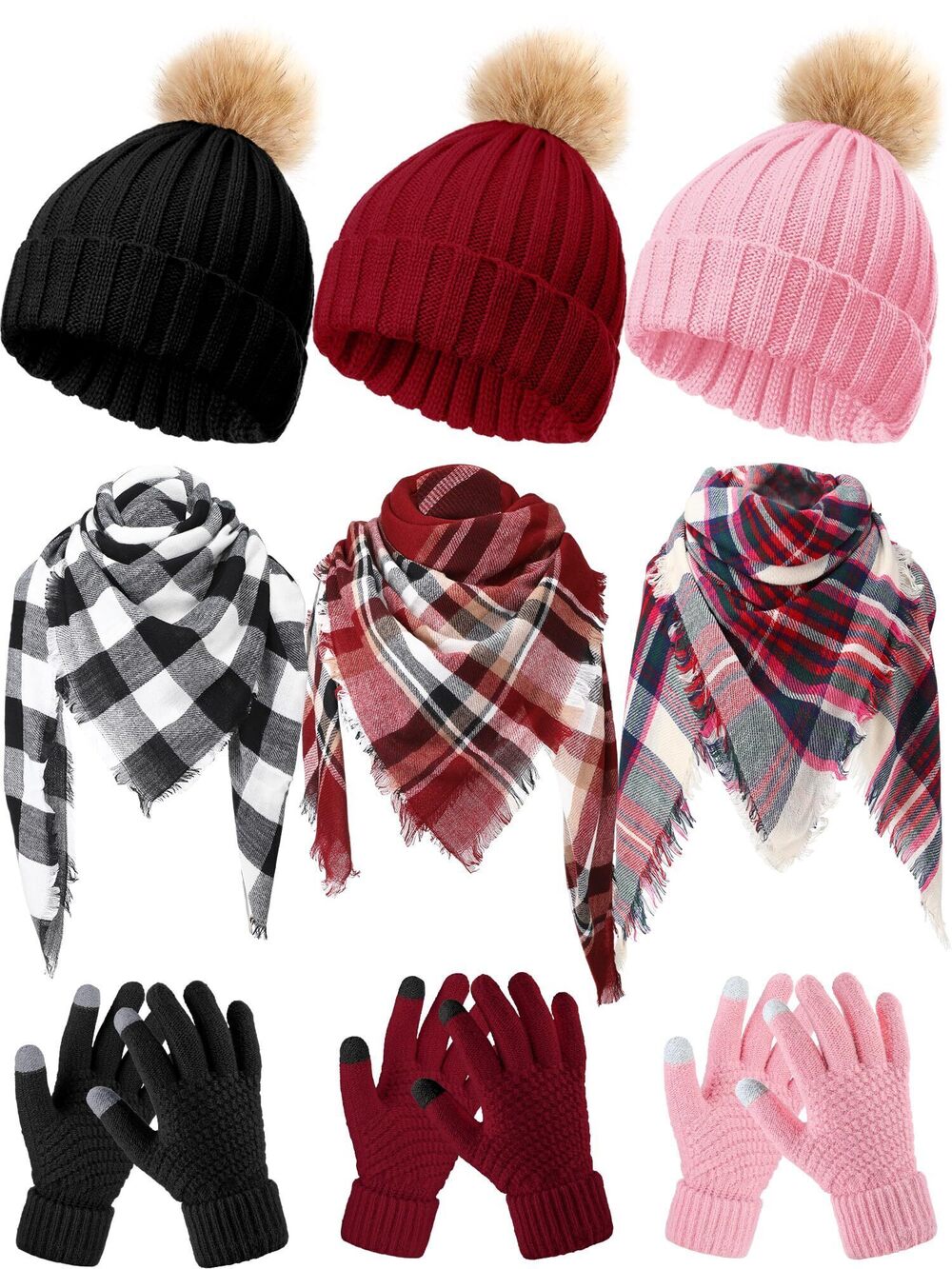 7392 9 Pcs Warm Winter Set Knit Beanie Hat with Pom Touch Screen Gloves